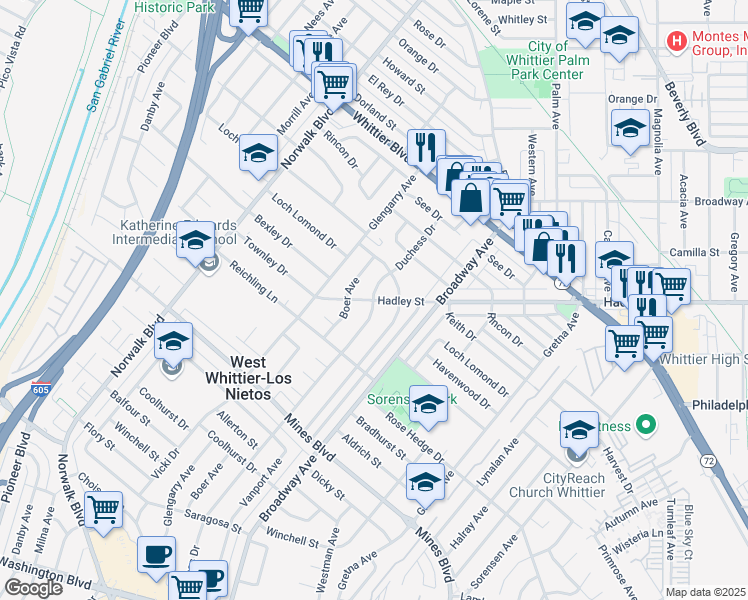map of restaurants, bars, coffee shops, grocery stores, and more near Hadley Street & Duchess Drive in Whittier