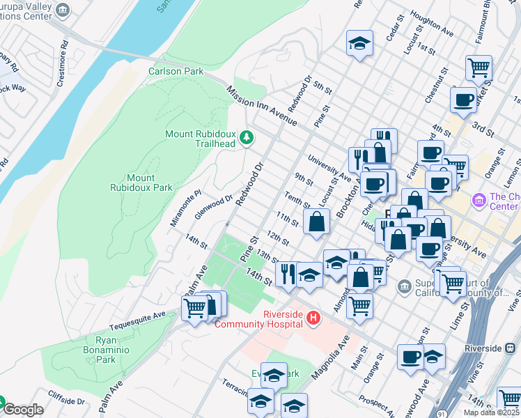 map of restaurants, bars, coffee shops, grocery stores, and more near 4424 11th Street in Riverside
