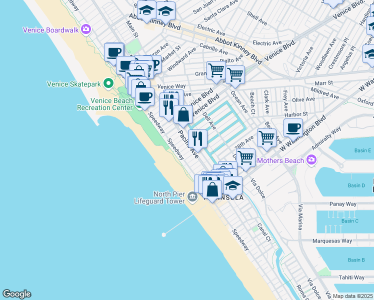 map of restaurants, bars, coffee shops, grocery stores, and more near 34 25th Place in Los Angeles