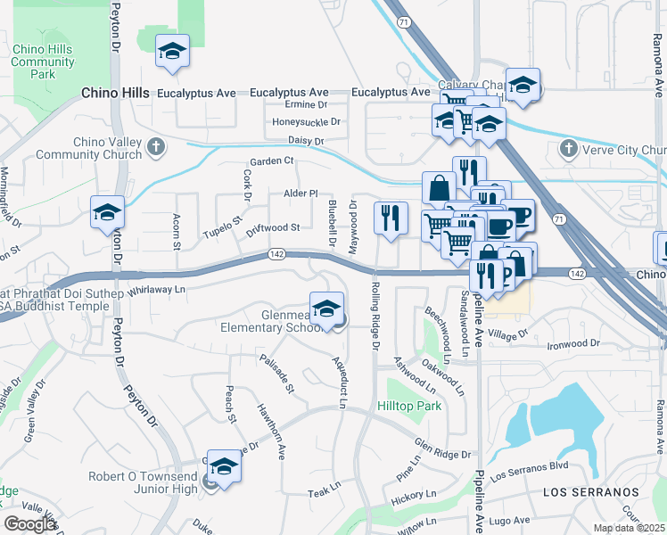 map of restaurants, bars, coffee shops, grocery stores, and more near 3766 Whirlaway Lane in Chino Hills