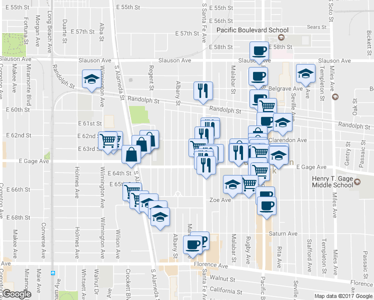 map of restaurants, bars, coffee shops, grocery stores, and more near 6325 Marbrisa Avenue in Huntington Park
