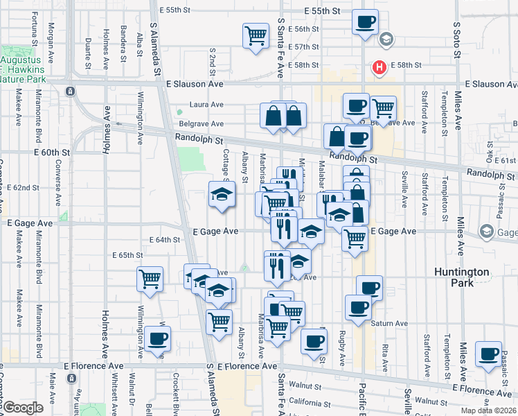 map of restaurants, bars, coffee shops, grocery stores, and more near 6337 Marbrisa Avenue in Huntington Park