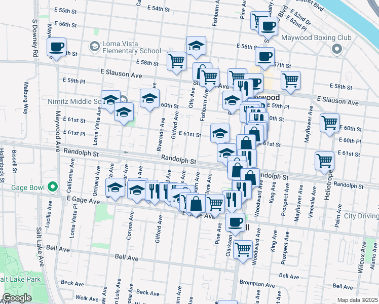 map of restaurants, bars, coffee shops, grocery stores, and more near 6160 Otis Avenue in Huntington Park