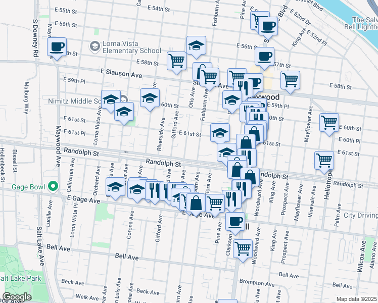 map of restaurants, bars, coffee shops, grocery stores, and more near 6160 Otis Avenue in Huntington Park