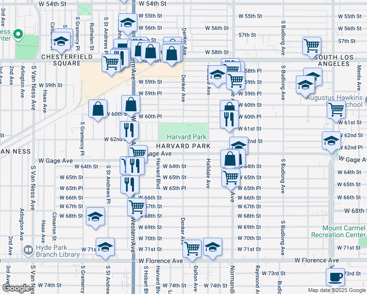 map of restaurants, bars, coffee shops, grocery stores, and more near 1619 West Gage Avenue in Los Angeles