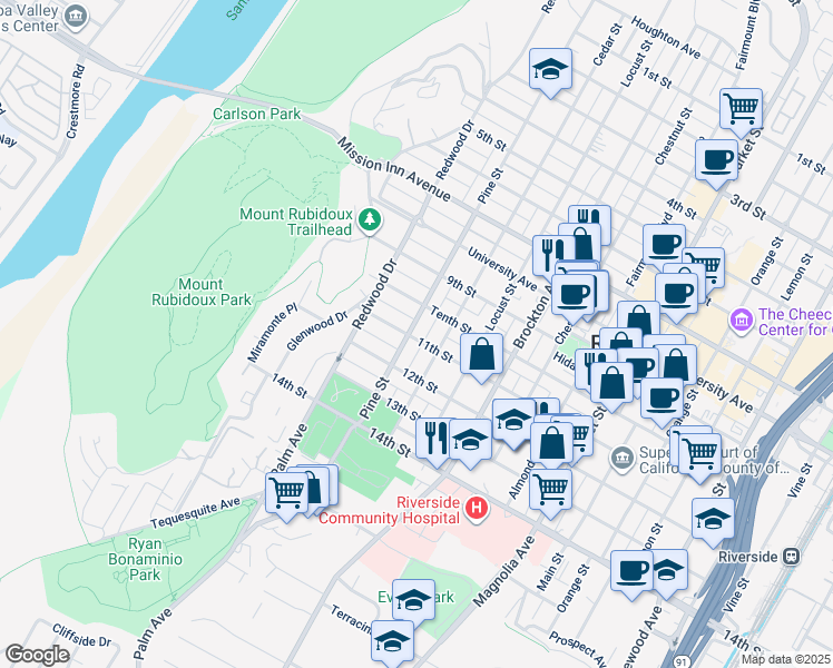 map of restaurants, bars, coffee shops, grocery stores, and more near 4096 Pine Street in Riverside