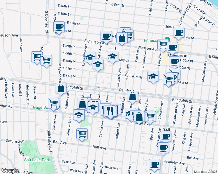 map of restaurants, bars, coffee shops, grocery stores, and more near 3927 Randolph Street in Huntington Park