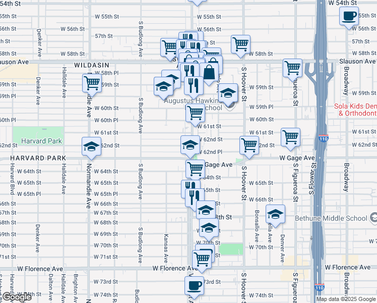 map of restaurants, bars, coffee shops, grocery stores, and more near 6212 South Vermont Avenue in Los Angeles