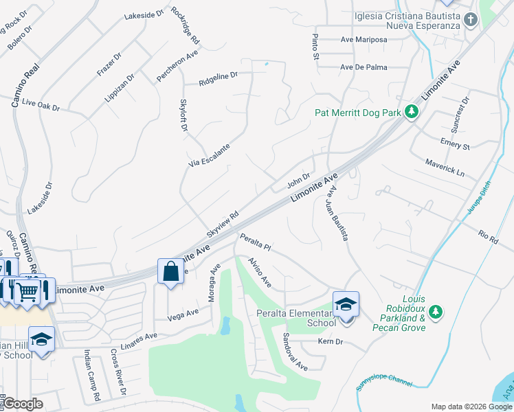 map of restaurants, bars, coffee shops, grocery stores, and more near 7110 Skyview Road in Riverside