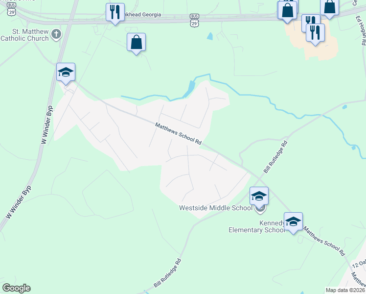 map of restaurants, bars, coffee shops, grocery stores, and more near 203 Whistleville Ct in Winder