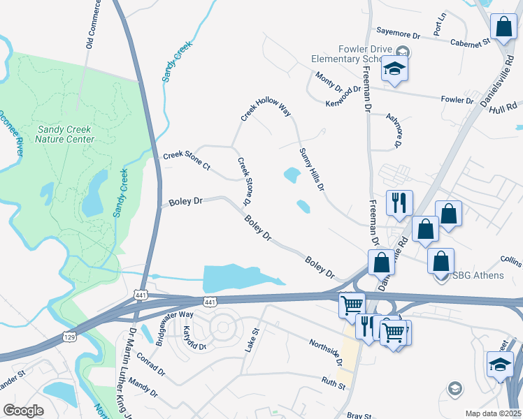 map of restaurants, bars, coffee shops, grocery stores, and more near 311 Boley Drive in Athens
