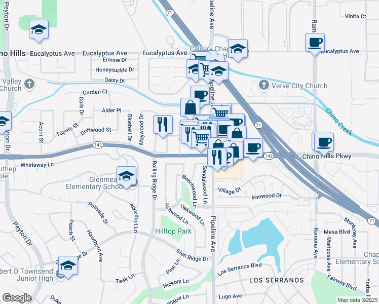 map of restaurants, bars, coffee shops, grocery stores, and more near 4002B Chino Hills Parkway in Chino Hills