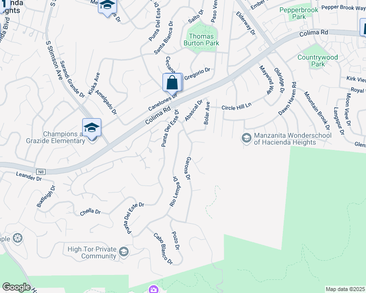 map of restaurants, bars, coffee shops, grocery stores, and more near 2760 Garona Drive in Hacienda Heights