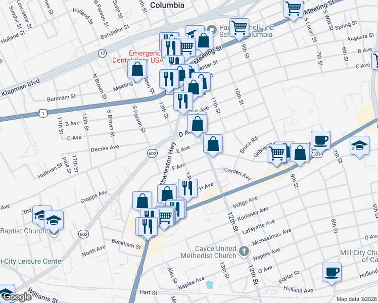 map of restaurants, bars, coffee shops, grocery stores, and more near 1228 F Avenue in West Columbia
