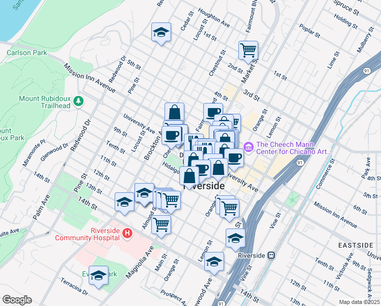 map of restaurants, bars, coffee shops, grocery stores, and more near 3890 University Avenue in Riverside