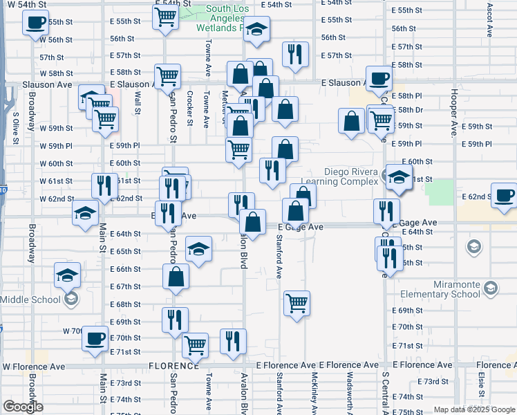 map of restaurants, bars, coffee shops, grocery stores, and more near 615 East Gage Avenue in Los Angeles