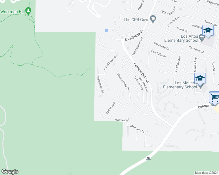 map of restaurants, bars, coffee shops, grocery stores, and more near 3362 Albedo Street in Hacienda Heights