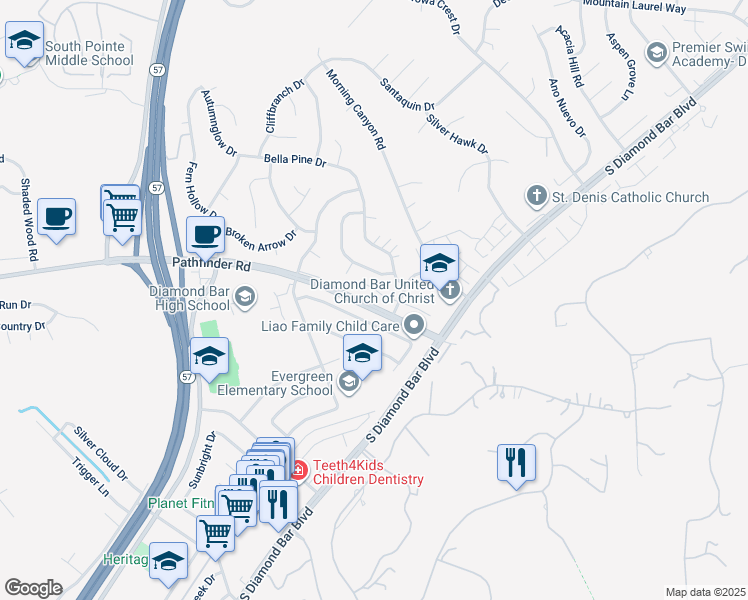 map of restaurants, bars, coffee shops, grocery stores, and more near 21648 Laurelrim Drive in Diamond Bar
