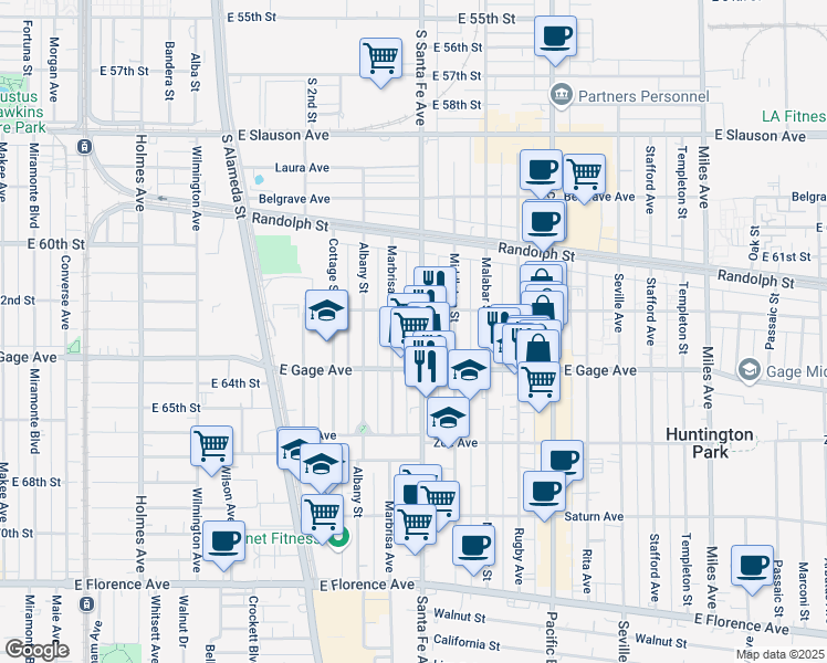 map of restaurants, bars, coffee shops, grocery stores, and more near 6340 Santa Fe Avenue in Huntington Park