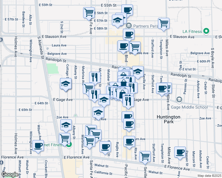 map of restaurants, bars, coffee shops, grocery stores, and more near 6320 Malabar Street in Huntington Park