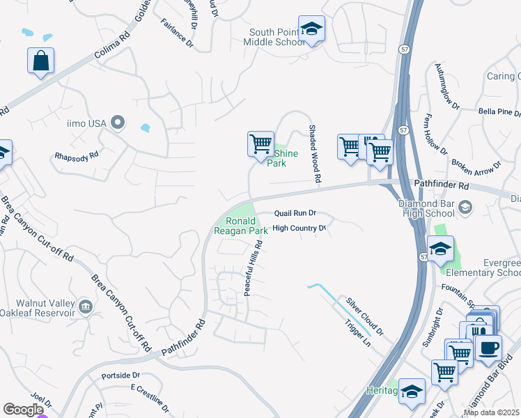 map of restaurants, bars, coffee shops, grocery stores, and more near 20809 Quail Run Drive in Walnut