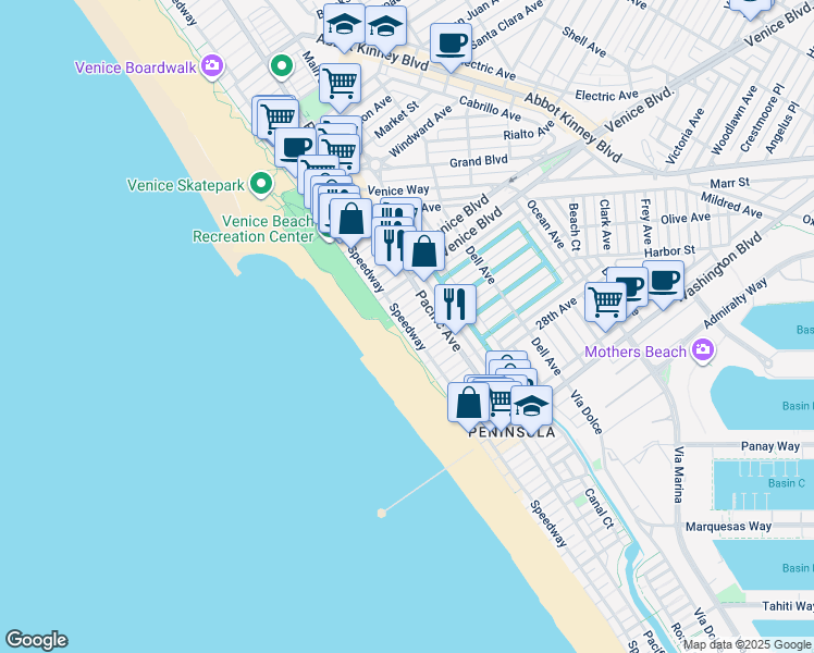 map of restaurants, bars, coffee shops, grocery stores, and more near 3 24th Avenue in Los Angeles