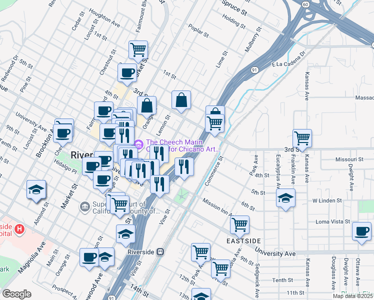 map of restaurants, bars, coffee shops, grocery stores, and more near 3480 Mulberry Street in Riverside