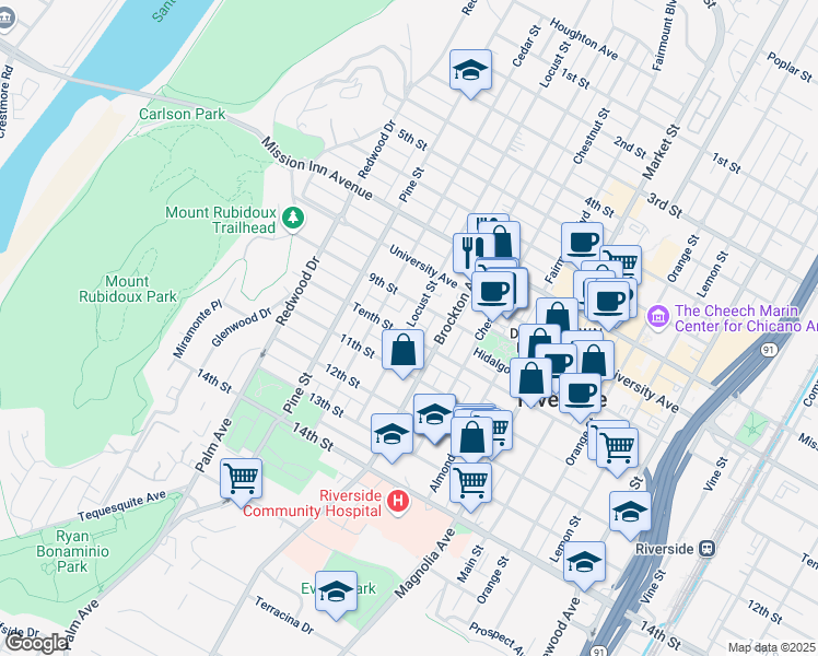 map of restaurants, bars, coffee shops, grocery stores, and more near 4153 Tenth Street in Riverside