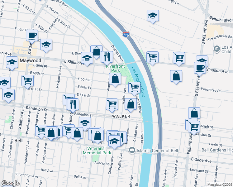 map of restaurants, bars, coffee shops, grocery stores, and more near 5121 East 61st Street in Maywood