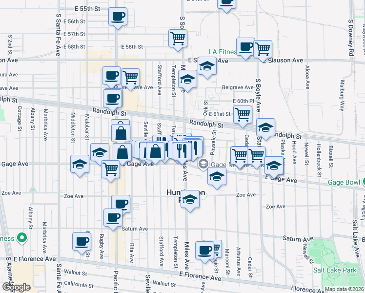 map of restaurants, bars, coffee shops, grocery stores, and more near 6337 Miles Avenue in Huntington Park