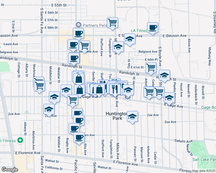 map of restaurants, bars, coffee shops, grocery stores, and more near 6336 Stafford Avenue in Huntington Park
