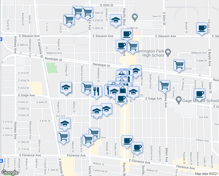 map of restaurants, bars, coffee shops, grocery stores, and more near 6341 Rugby Avenue in Huntington Park