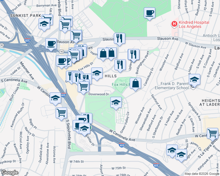 map of restaurants, bars, coffee shops, grocery stores, and more near 5800 Green Valley Circle in Culver City
