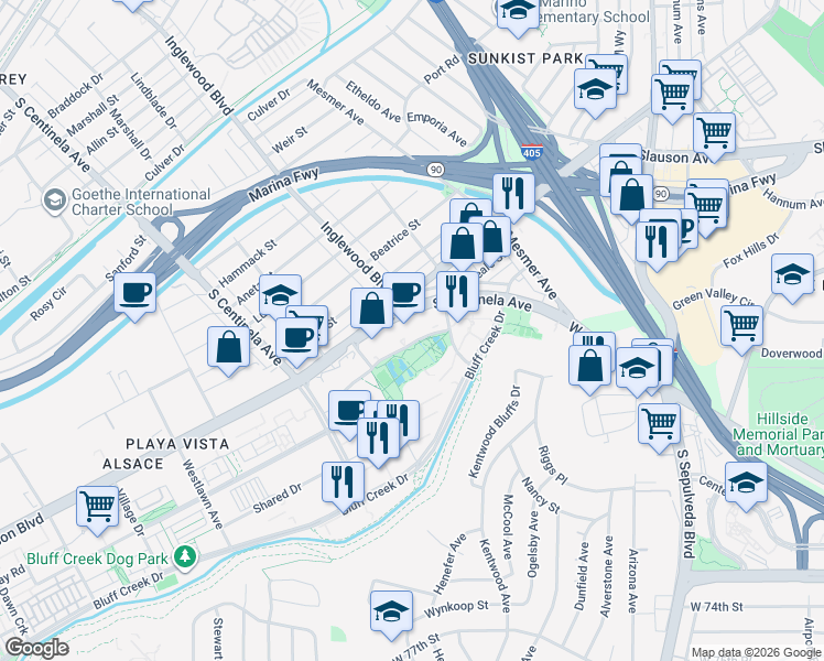 map of restaurants, bars, coffee shops, grocery stores, and more near 12025 Waterfront Drive in Los Angeles