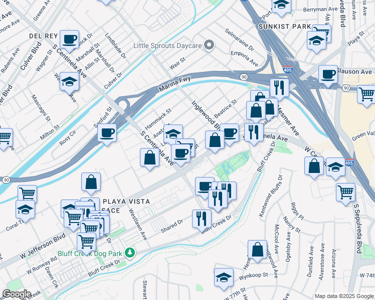 map of restaurants, bars, coffee shops, grocery stores, and more near 12126 Juniette Street in Culver City