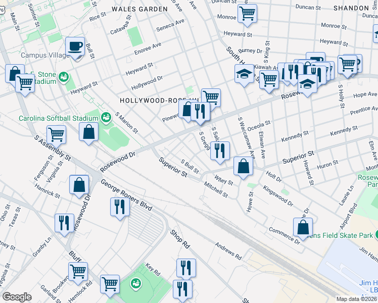 map of restaurants, bars, coffee shops, grocery stores, and more near 520 South Bull Street in Columbia