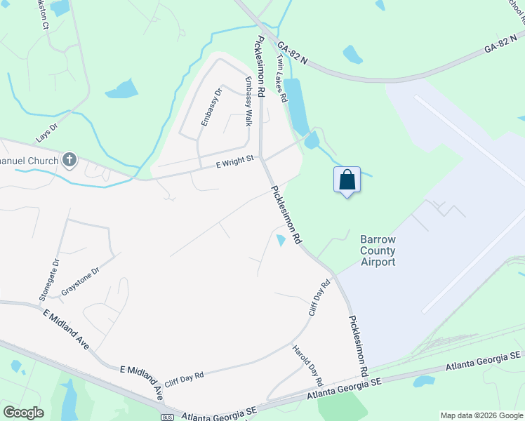 map of restaurants, bars, coffee shops, grocery stores, and more near 408 Blueberry Lane in Winder