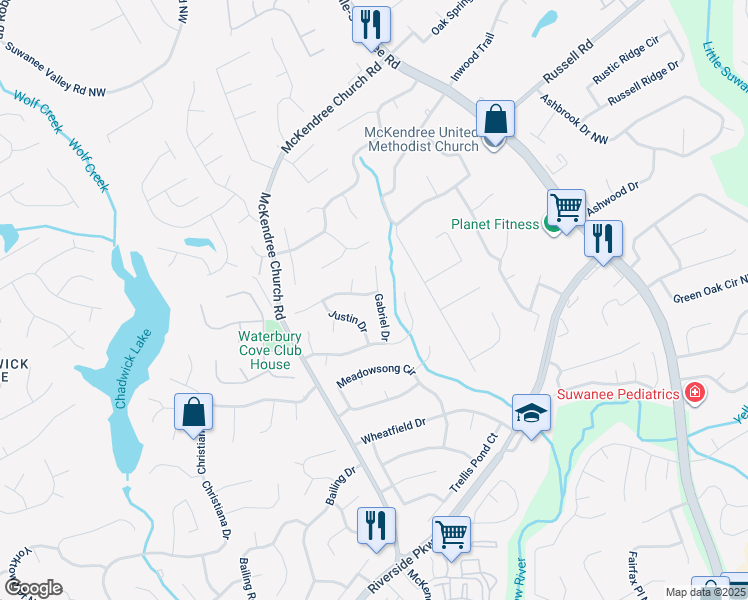 map of restaurants, bars, coffee shops, grocery stores, and more near 1445 Gabriel Drive in Lawrenceville