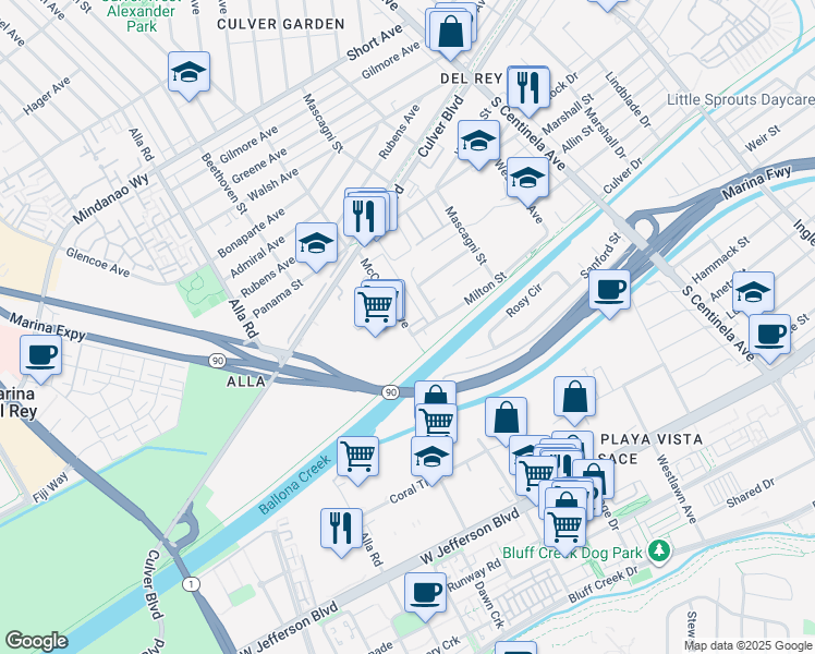 map of restaurants, bars, coffee shops, grocery stores, and more near McConnell Avenue in Los Angeles