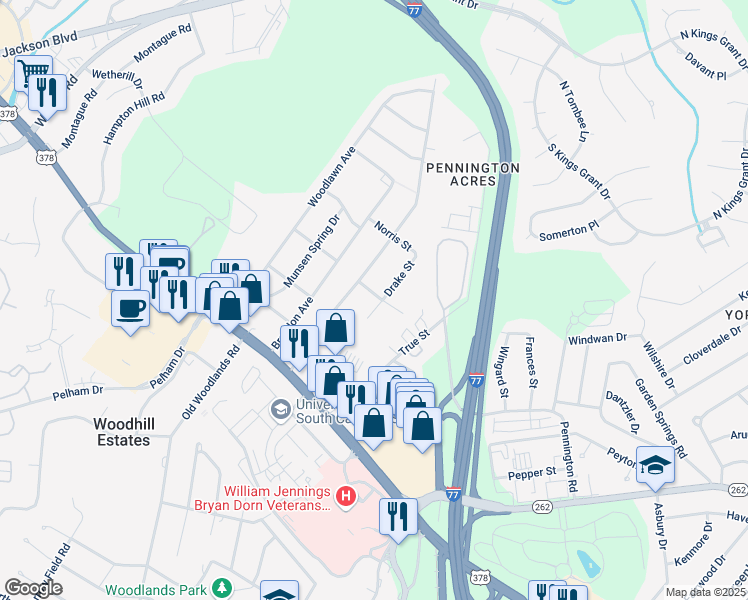 map of restaurants, bars, coffee shops, grocery stores, and more near 6399 Clifton Street in Columbia