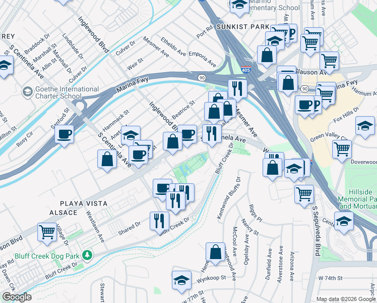 map of restaurants, bars, coffee shops, grocery stores, and more near 12025 Waterfront Drive in Los Angeles