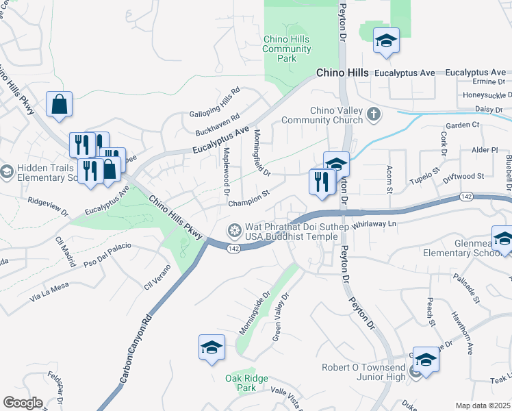 map of restaurants, bars, coffee shops, grocery stores, and more near 3035 Champion Street in Chino Hills