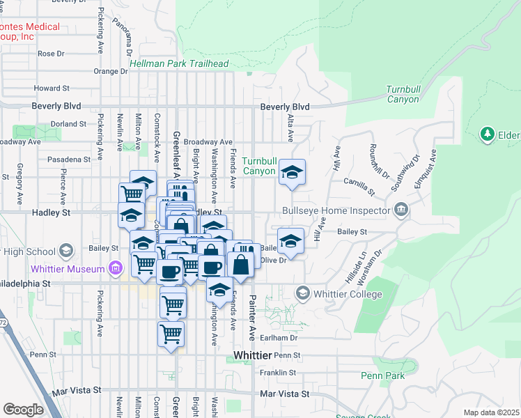 map of restaurants, bars, coffee shops, grocery stores, and more near 6517 Haviland Avenue in Whittier