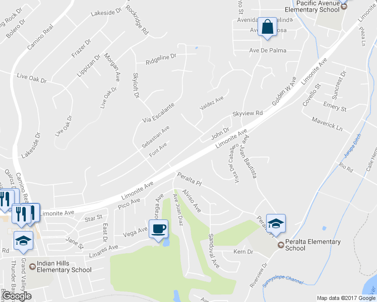 map of restaurants, bars, coffee shops, grocery stores, and more near 7110 Skyview Road in Riverside