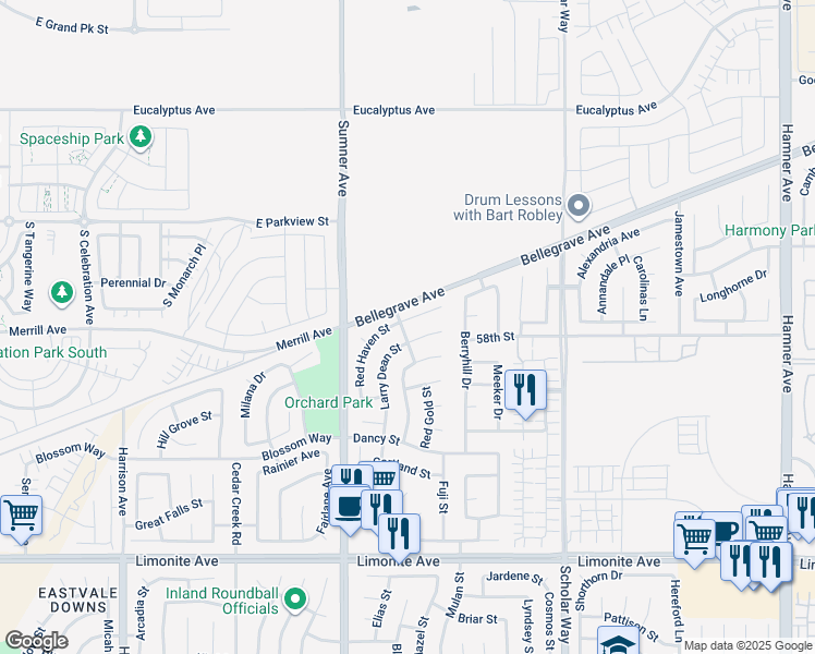 map of restaurants, bars, coffee shops, grocery stores, and more near 5780 Redhaven Street in Corona