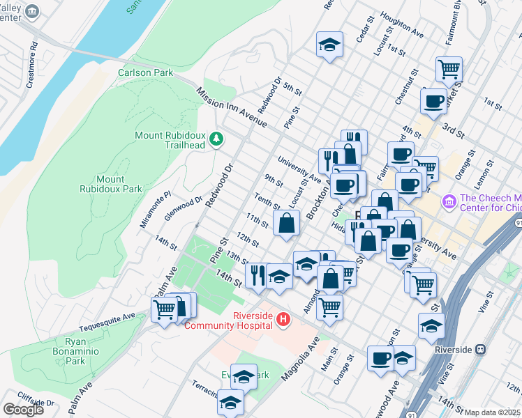 map of restaurants, bars, coffee shops, grocery stores, and more near 4023 Cedar Street in Riverside