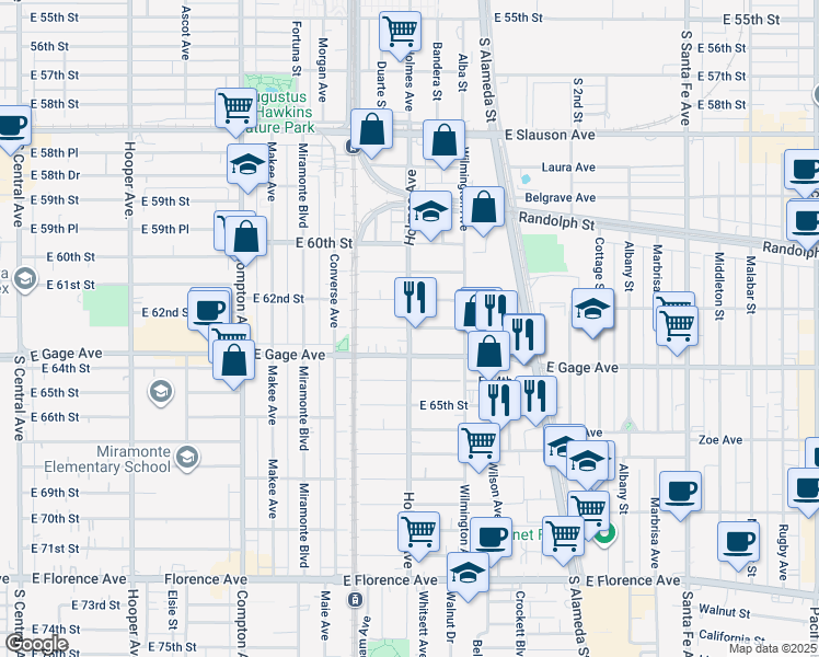 map of restaurants, bars, coffee shops, grocery stores, and more near East 63rd Street in Los Angeles
