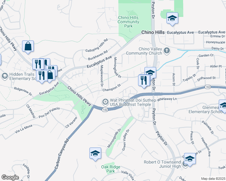 map of restaurants, bars, coffee shops, grocery stores, and more near 3035 Champion Street in Chino Hills