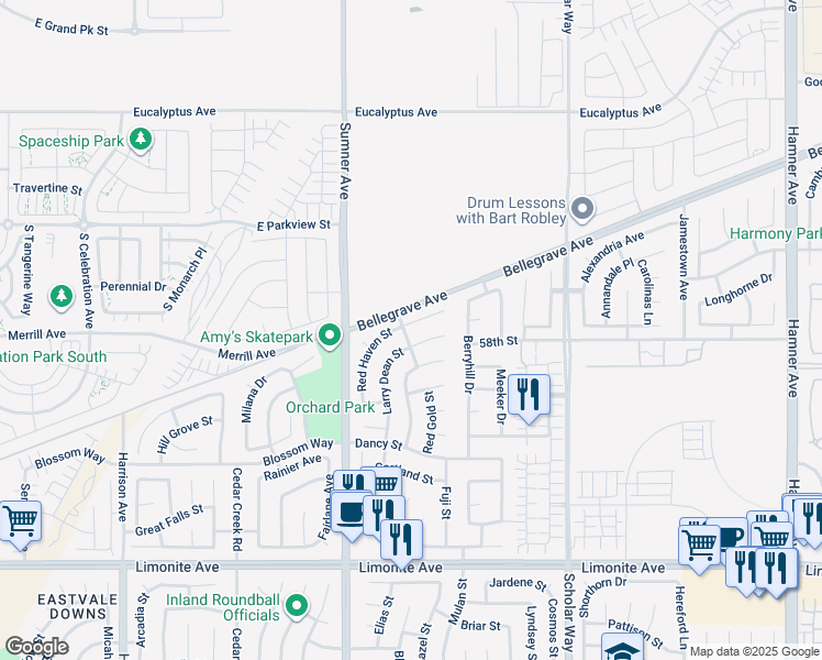 map of restaurants, bars, coffee shops, grocery stores, and more near 5780 Redhaven Street in Corona