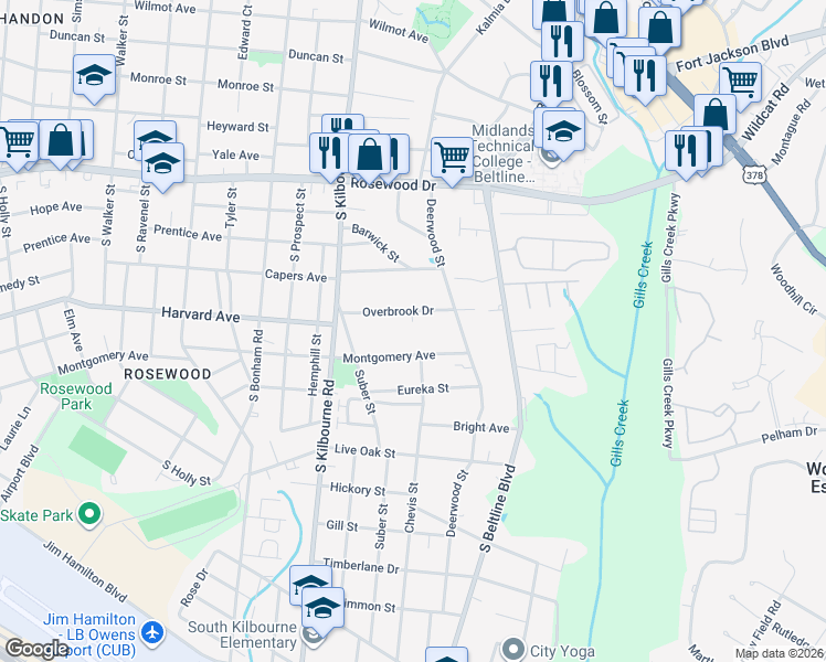 map of restaurants, bars, coffee shops, grocery stores, and more near 3906 Overbrook Drive in Columbia